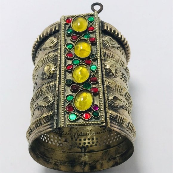single Golden Tribal Cuff Bracelet With Big Glass Stones, Vintage Boho Cuff - Picture 2 of 4